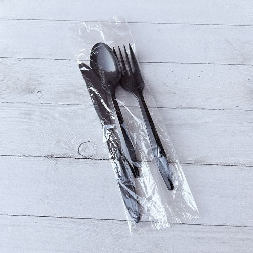 Three-piece Polystyrene Cutlery Kit, Mediumweight, Fork/knife/spoon, Plastic, Black, 250/carton