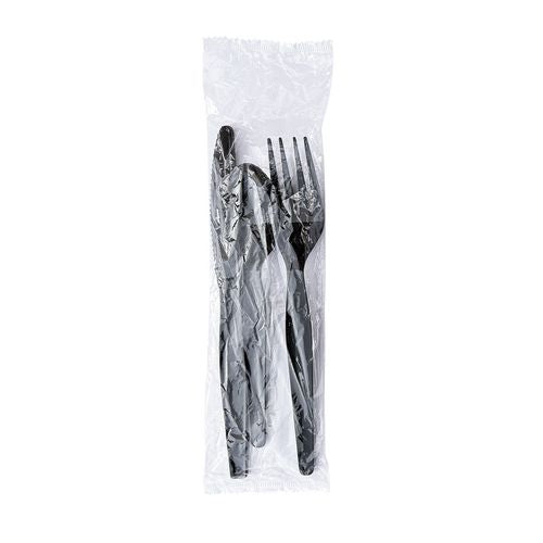 Three-piece Polystyrene Cutlery Kit, Heavyweight, Fork/knife/spoon, Plastic, Black, 250/carton