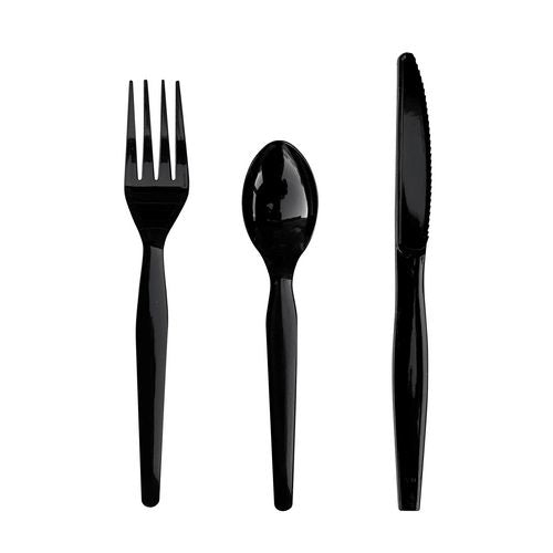 Three-piece Polystyrene Cutlery Kit, Heavyweight, Fork/knife/spoon, Plastic, Black, 250/carton