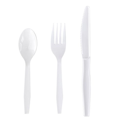 Three-piece Polystyrene Cutlery Kit, Heavyweight, Fork/knife/spoon, Plastic, White, 250/carton