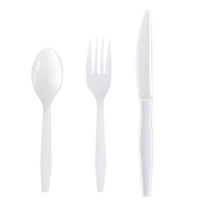Three-piece Polystyrene Cutlery Kit, Heavyweight, Fork/knife/spoon, Plastic, White, 250/carton