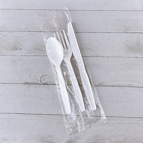 Three-piece Polystyrene Cutlery Kit, Heavyweight, Fork/knife/spoon, Plastic, White, 250/carton