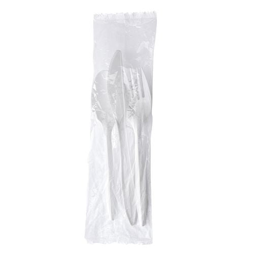Three-piece Polystyrene Cutlery Kit, Mediumweight, Fork/knife/spoon, Plastic, White, 250/carton