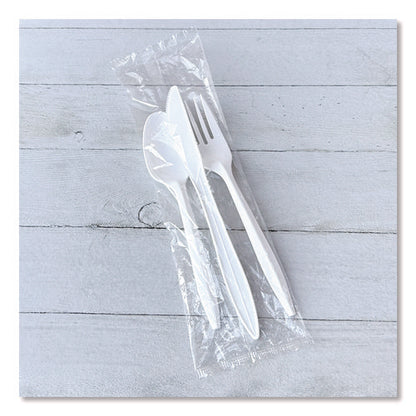 Three-piece Polystyrene Cutlery Kit, Mediumweight, Fork/knife/spoon, Plastic, White, 250/carton