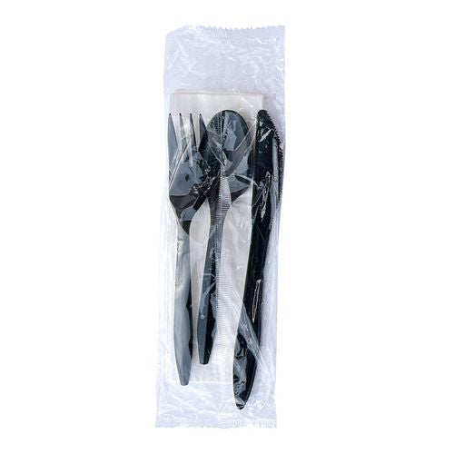 Four-piece Cutlery Kit, Mediumweight, Fork/knife/napkin/spoon, Plastic, 6.38", Black, 250/carton