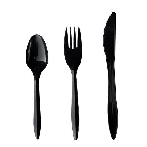Four-piece Cutlery Kit, Mediumweight, Fork/knife/napkin/spoon, Plastic, 6.38", Black, 250/carton