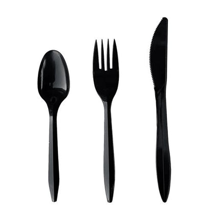 Four-piece Cutlery Kit, Mediumweight, Fork/knife/napkin/spoon, Plastic, 6.38", Black, 250/carton
