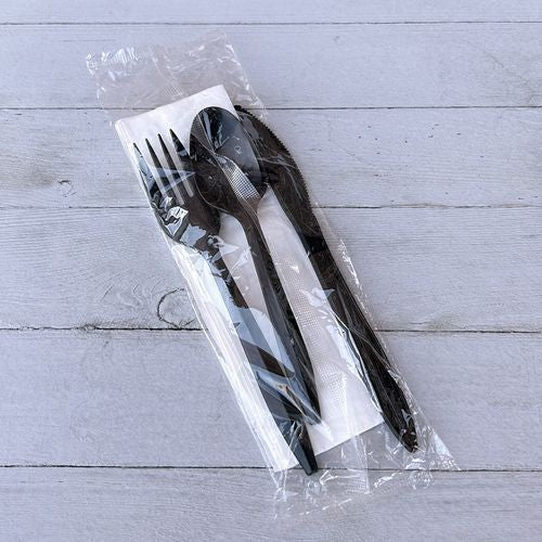 Four-piece Cutlery Kit, Mediumweight, Fork/knife/napkin/spoon, Plastic, 6.38", Black, 250/carton