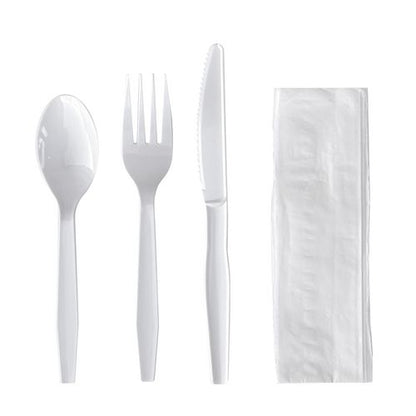 Four-piece Polystyrene Cutlery Kit, Mediumweight, Fork/knife/napkin/spoon, Plastic, White, 250/carton