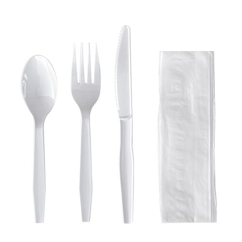 Four-piece Polystyrene Cutlery Kit, Mediumweight, Fork/knife/napkin/spoon, Plastic, White, 250/carton