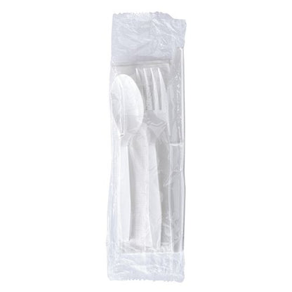 Four-piece Polystyrene Cutlery Kit, Mediumweight, Fork/knife/napkin/spoon, Plastic, White, 250/carton