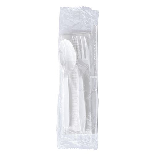 Four-piece Polystyrene Cutlery Kit, Mediumweight, Fork/knife/napkin/spoon, Plastic, White, 250/carton