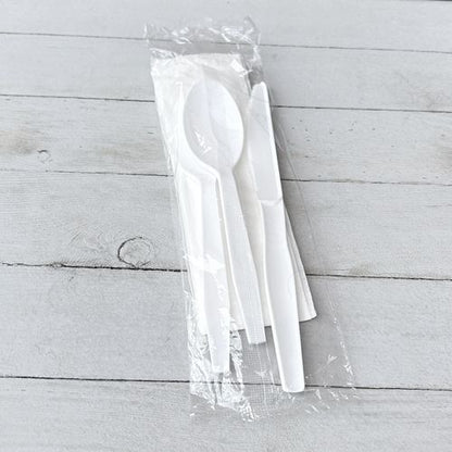 Four-piece Polystyrene Cutlery Kit, Mediumweight, Fork/knife/napkin/spoon, Plastic, White, 250/carton