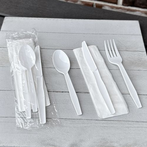 Four-piece Polystyrene Cutlery Kit, Mediumweight, Fork/knife/napkin/spoon, Plastic, White, 250/carton