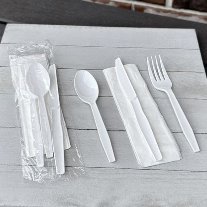 Four-piece Polystyrene Cutlery Kit, Mediumweight, Fork/knife/napkin/spoon, Plastic, White, 250/carton