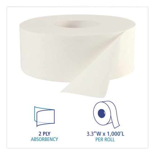Jrt Jumbo Roll Bathroom Tissue, Septic Safe, 2-ply, 3.3" X 1,000 Ft, White, 12 Rolls/carton