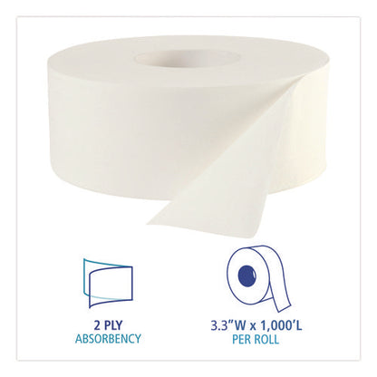 Jrt Jumbo Roll Bathroom Tissue, Septic Safe, 2-ply, 3.3" X 1,000 Ft, White, 12 Rolls/carton