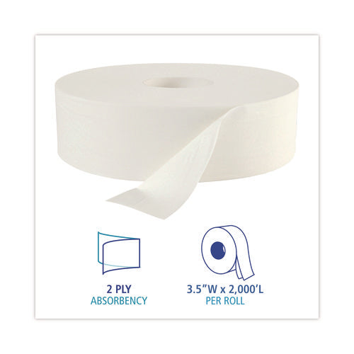 Jrt Jumbo Roll Bathroom Tissue, Septic Safe, 2-ply, 3.5" X 2,000 Ft, White, 6 Rolls/carton