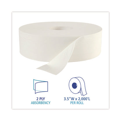 Jrt Jumbo Roll Bathroom Tissue, Septic Safe, 2-ply, 3.5" X 2,000 Ft, White, 6 Rolls/carton
