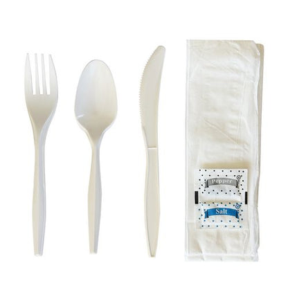 Six-piece Cutlery Kit, Mediumweight, Fork/knife/napkin/pepper/salt/spoon, 5.86", Plastic, White, 250/carton