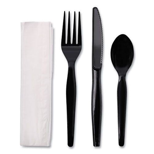 Four-piece Cutlery Kit, Heavyweight, Fork/knife/napkin/spoon, Plastic, Black, 250/carton