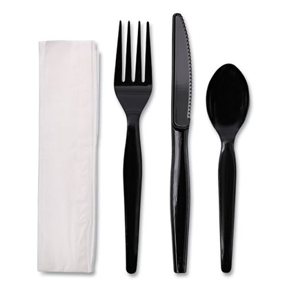 Four-piece Cutlery Kit, Heavyweight, Fork/knife/napkin/spoon, Plastic, Black, 250/carton