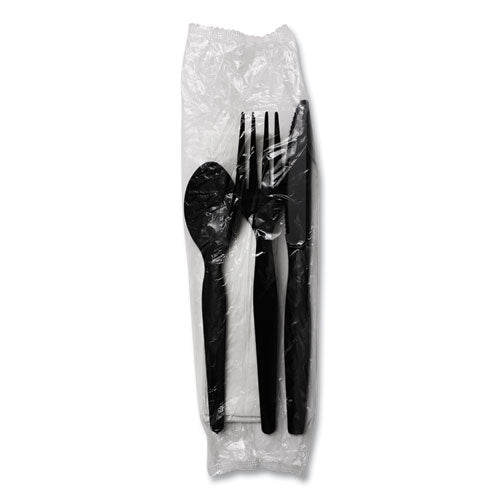 Four-piece Cutlery Kit, Heavyweight, Fork/knife/napkin/spoon, Plastic, Black, 250/carton