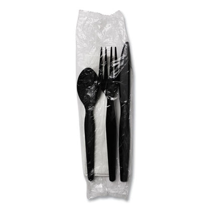 Four-piece Cutlery Kit, Heavyweight, Fork/knife/napkin/spoon, Plastic, Black, 250/carton