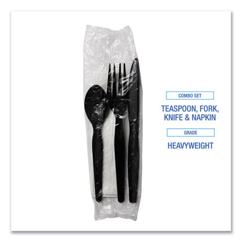 Four-piece Cutlery Kit, Heavyweight, Fork/knife/napkin/spoon, Plastic, Black, 250/carton