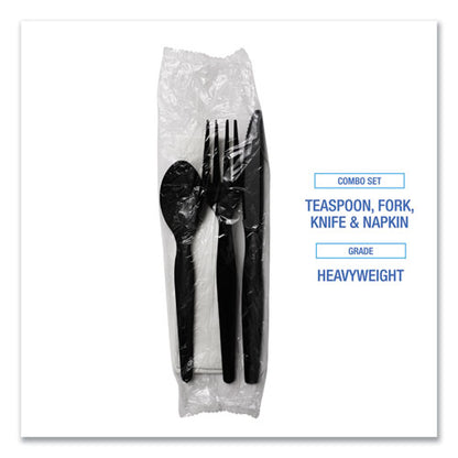 Four-piece Cutlery Kit, Heavyweight, Fork/knife/napkin/spoon, Plastic, Black, 250/carton