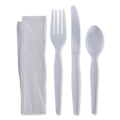 Four-piece Cutlery Kit, Heavyweight, Fork/knife/napkin/spoon, Plastic, White, 250/carton
