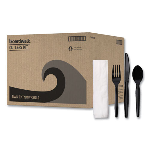 Four-piece Cutlery Kit, Mediumweight, Fork/knife/napkin/spoon, Plastic, Black, 250/carton