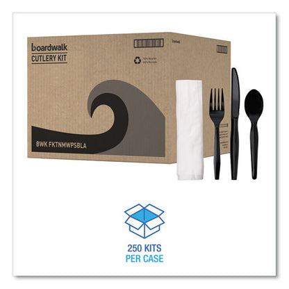 Four-piece Cutlery Kit, Mediumweight, Fork/knife/napkin/spoon, Plastic, Black, 250/carton
