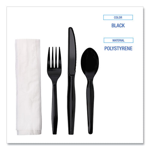 Four-piece Cutlery Kit, Mediumweight, Fork/knife/napkin/spoon, Plastic, Black, 250/carton