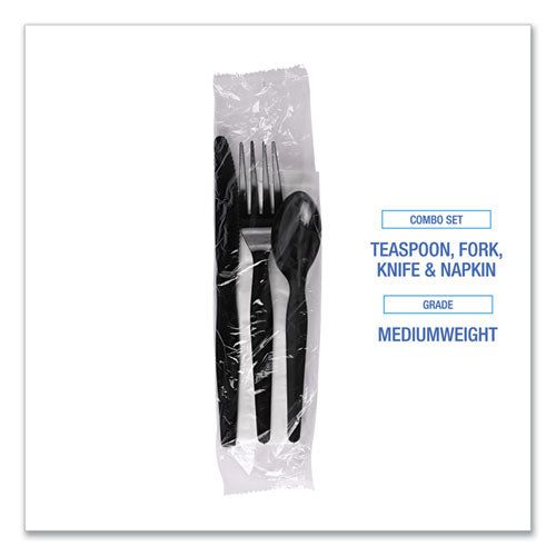 Four-piece Cutlery Kit, Mediumweight, Fork/knife/napkin/spoon, Plastic, Black, 250/carton