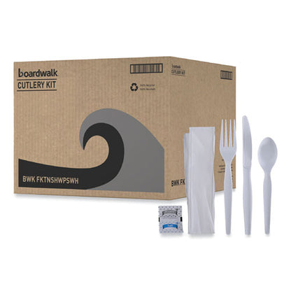 Six-piece Cutlery Kit, Heavyweight, Fork/knife/napkin/pepper/salt/spoon, Plastic, White, 250/carton