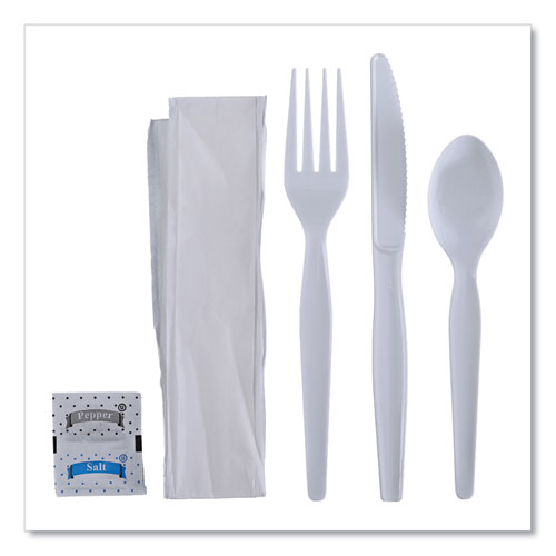 Six-piece Cutlery Kit, Heavyweight, Fork/knife/napkin/pepper/salt/spoon, Plastic, White, 250/carton