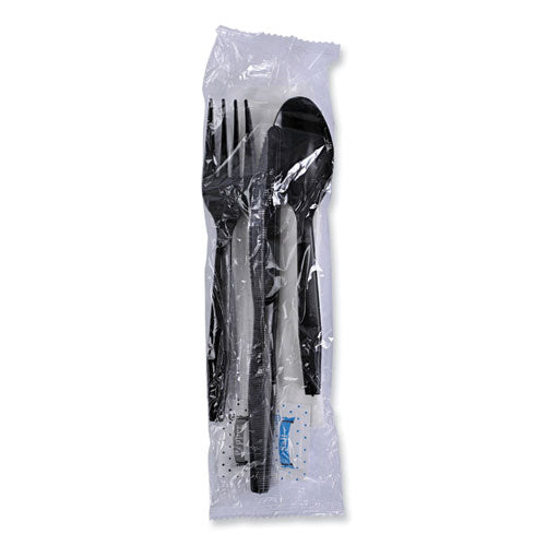 Six-piece Cutlery Kit, Mediumweight, Fork/knife/napkin/pepper/salt/spoon, Plastic, Black, 250/carton