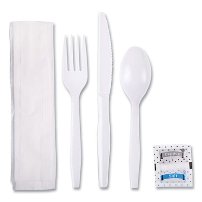 Six-piece Cutlery Kit, Mediumweight, Fork/knife/napkin/pepper/salt/spoon, Plastic, White, 250/carton