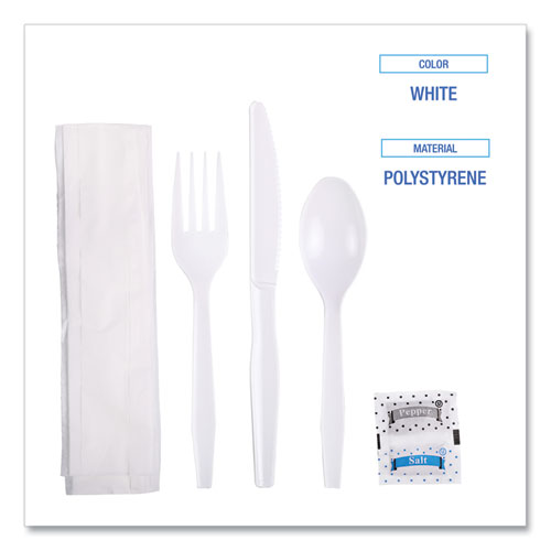 Six-piece Cutlery Kit, Mediumweight, Fork/knife/napkin/pepper/salt/spoon, Plastic, White, 250/carton