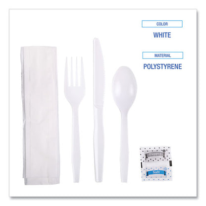 Six-piece Cutlery Kit, Mediumweight, Fork/knife/napkin/pepper/salt/spoon, Plastic, White, 250/carton