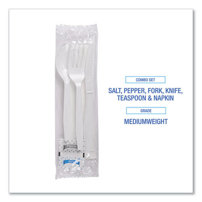 Six-piece Cutlery Kit, Mediumweight, Fork/knife/napkin/pepper/salt/spoon, Plastic, White, 250/carton