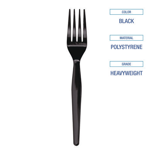 Heavyweight Polystyrene Cutlery, Fork, Plastic, Black, 1,000/carton