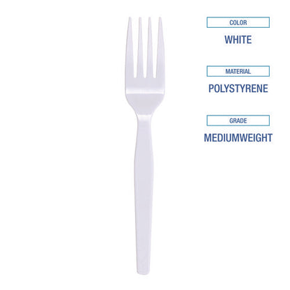 Mediumweight Polystyrene Cutlery, Fork, Plastic, White, 100/box, 10 Boxes/carton