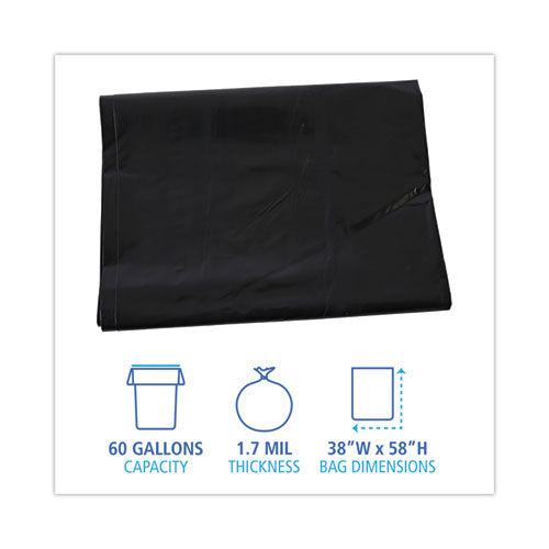 Linear Low Density Industrial Can Liners, 60 Gal, 1.7 Mil, 38" X 58", Black, Flat Pack, 100/carton