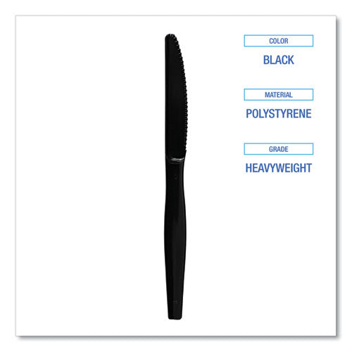 Heavyweight Polystyrene Cutlery, Knife, Plastic, Black, 1,000/carton