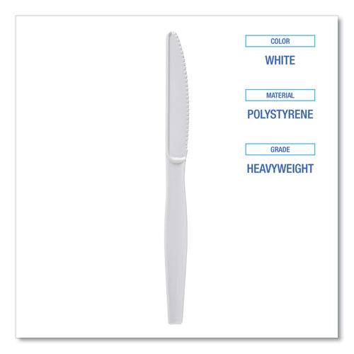 Heavyweight Polystyrene Cutlery, Knife, Plastic, White, 1,000/carton