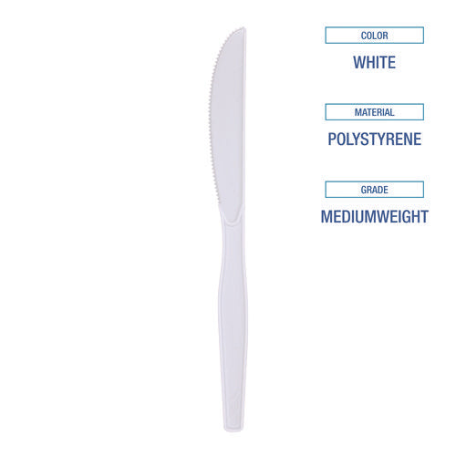Mediumweight Polystyrene Cutlery, Knife, Plastic, White, 100/box, 10 Boxes/carton