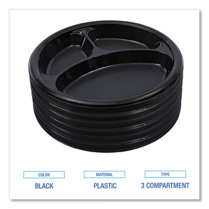 Hi-impact Plastic Dinnerware, 3-compartment Plate, 10" Dia, Black, 125/sleeve, 4 Sleeves/carton