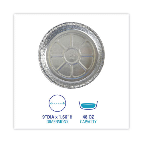 Round Aluminum To-go Containers, 300 Gauge, 48 Oz, 9" Diameter X 1.66" H, Silver, 500/carton